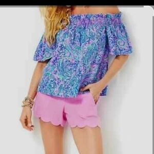 LILLY PULITZER Women’s Off-Shoulder Paisley Top in Blue & Pink Gread Condition